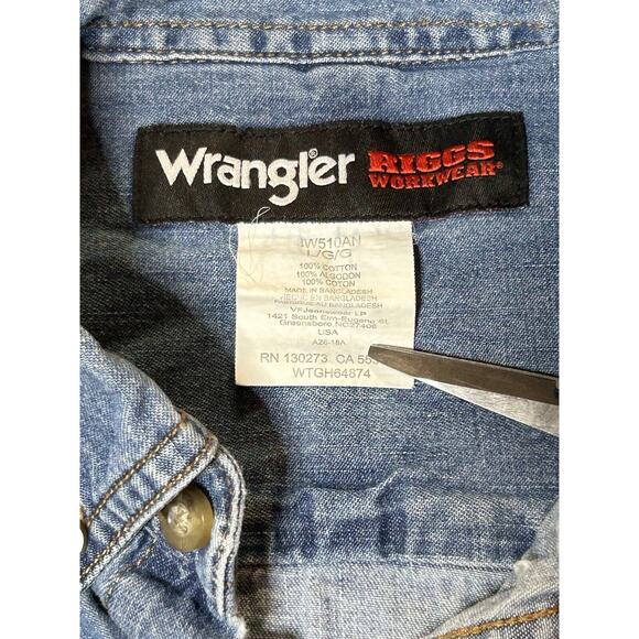 Wrangler Jean Jacket Mens Large Riggs Workwear Button Up Long Sleeve Denim Blue - Picture 5 of 10